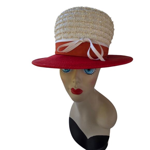 1960s VIVI by Elite Red & Cream Straw Mod Derby Hat | Bowler Boater - Picture 6 of 13
